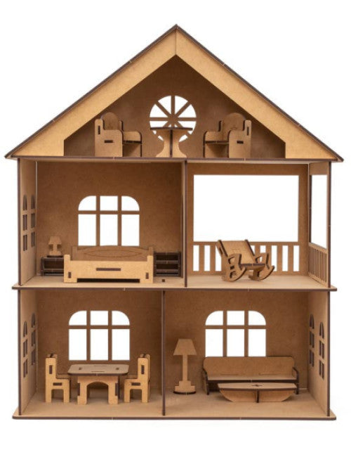 Wooden Toy House with Furniture for Kids (Free Paint Set)