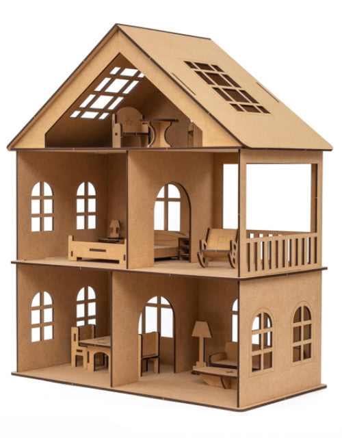 Wooden Toy House with Furniture for Kids (Free Paint Set)